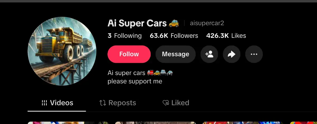 TikTok ai content account proof screenshot @aisupercar2